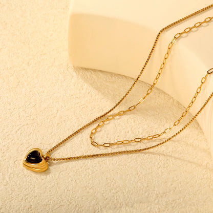 18K Gold Plated Double Layer Heart Pendant Necklace (Black/Red Heart) | Wholesale MOQ 12