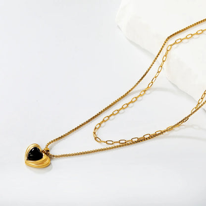 18K Gold Plated Double Layer Heart Pendant Necklace (Black/Red Heart) | Wholesale MOQ 12