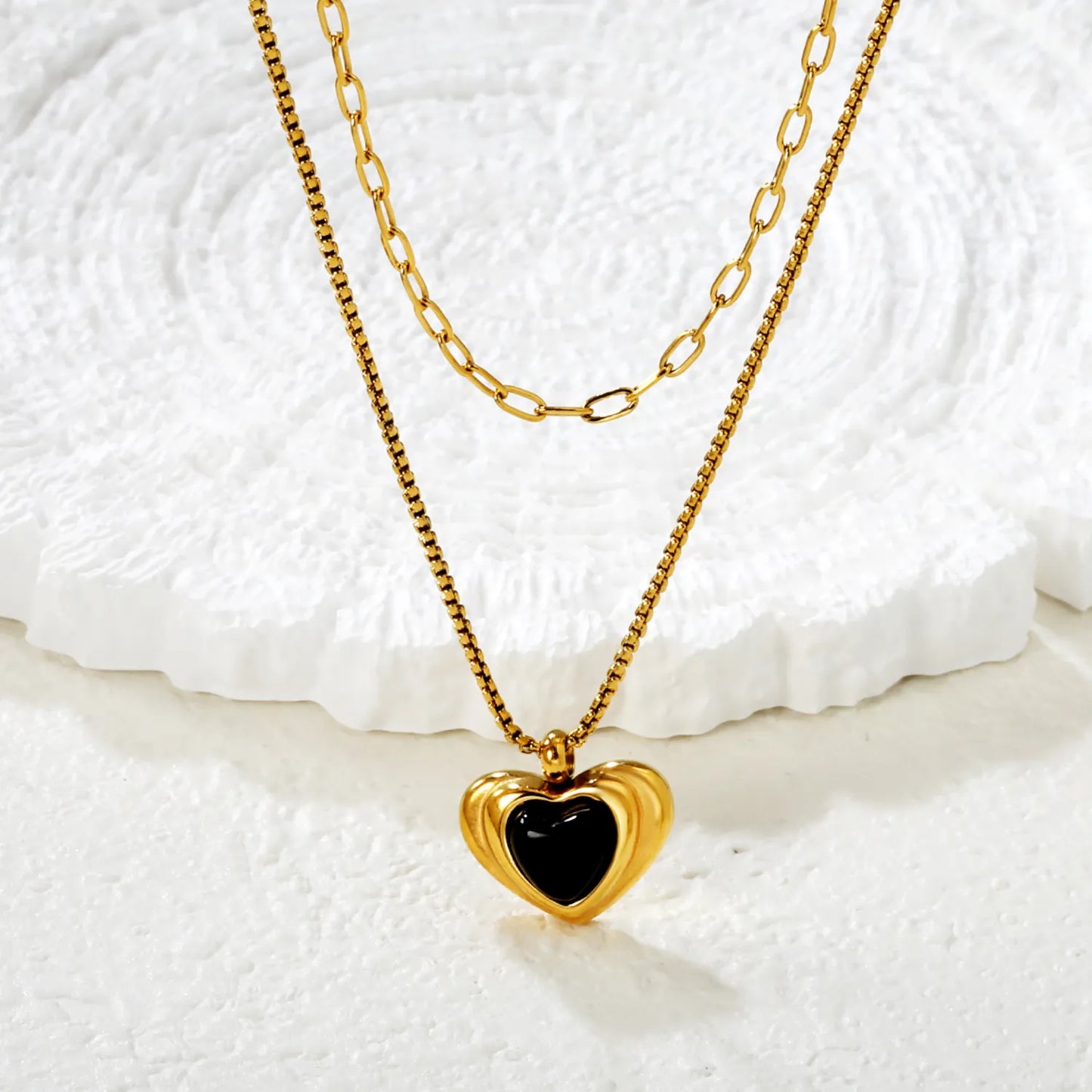 18K Gold Plated Double Layer Heart Pendant Necklace (Black/Red Heart) | Wholesale MOQ 12