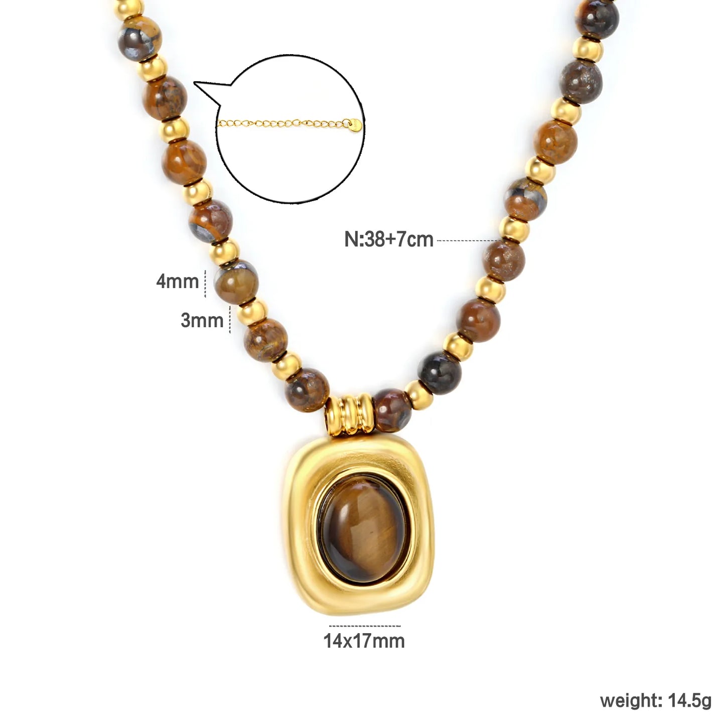 Natural Tiger's Eye Beaded Necklace with Square Pendant | 18K Gold Plated | Wholesale MOQ 12