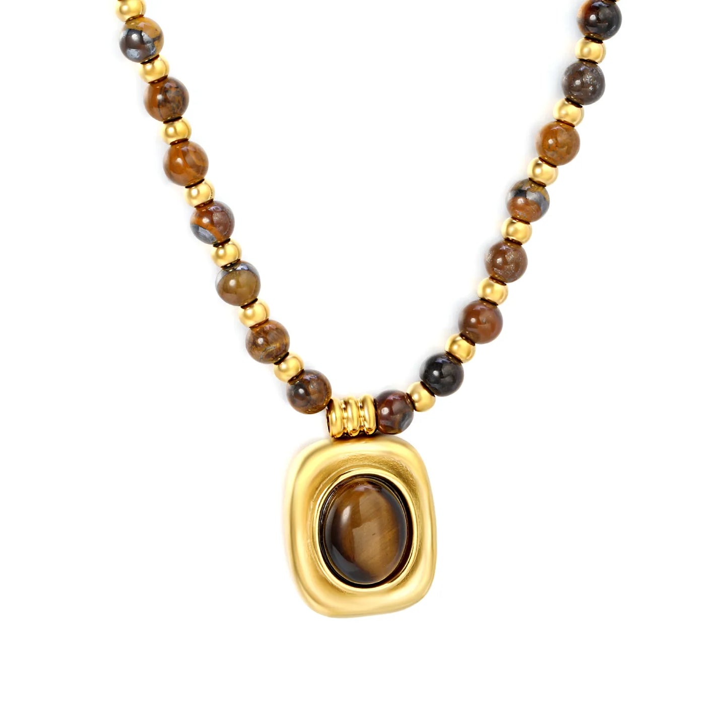 Natural Tiger's Eye Beaded Necklace with Square Pendant | 18K Gold Plated | Wholesale MOQ 12