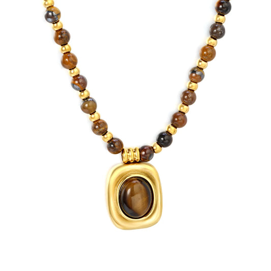 Natural Tiger's Eye Beaded Necklace with Square Pendant | 18K Gold Plated | Wholesale MOQ 12
