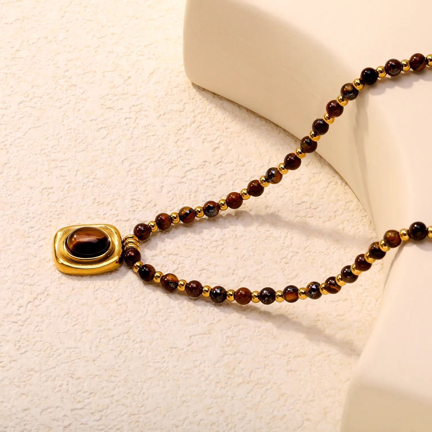 Natural Tiger's Eye Beaded Necklace with Square Pendant | 18K Gold Plated | Wholesale MOQ 12