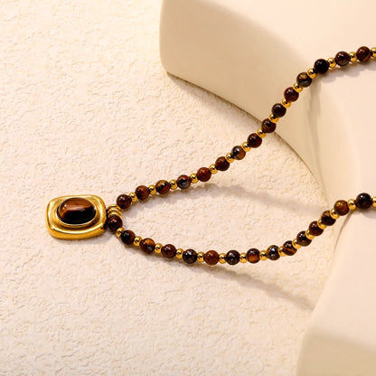 Natural Tiger's Eye Beaded Necklace with Square Pendant | 18K Gold Plated | Wholesale MOQ 12