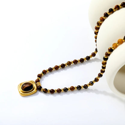Natural Tiger's Eye Beaded Necklace with Square Pendant | 18K Gold Plated | Wholesale MOQ 12