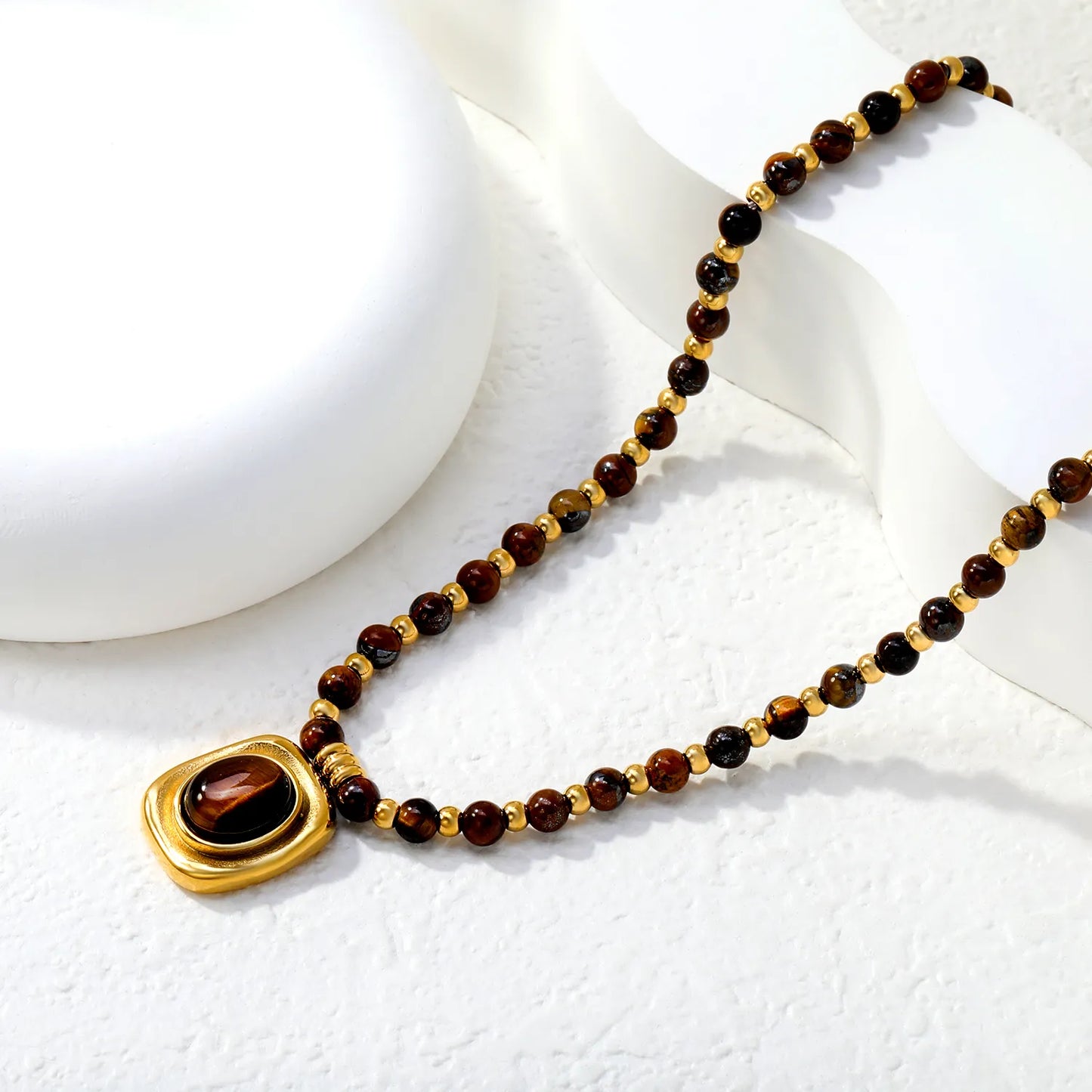Natural Tiger's Eye Beaded Necklace with Square Pendant | 18K Gold Plated | Wholesale MOQ 12