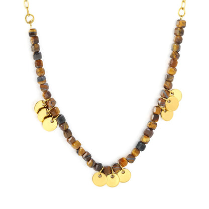 Natural Cube Tiger's Eye Beaded Necklace with Gold Disc Charms | 18K Gold Plated | Wholesale MOQ 12