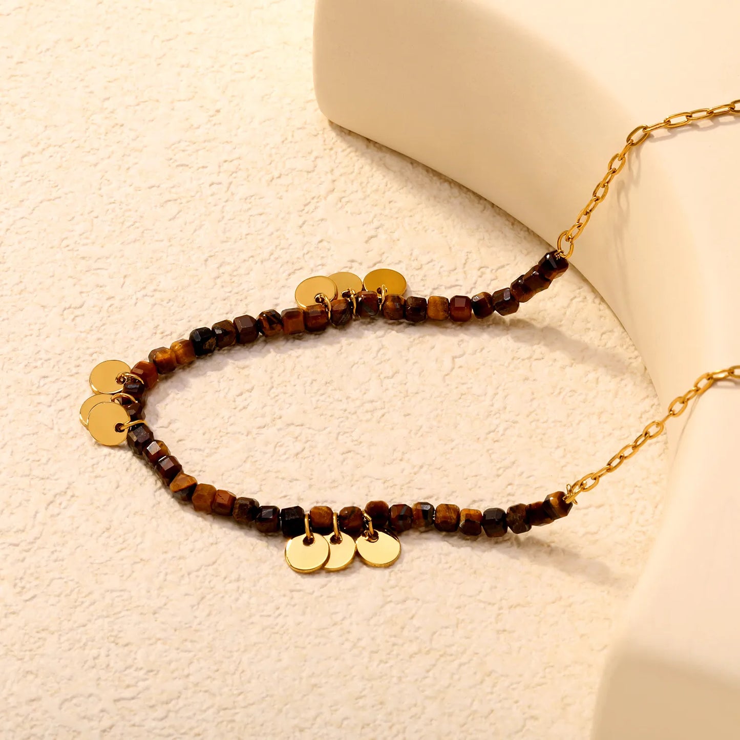 Natural Cube Tiger's Eye Beaded Necklace with Gold Disc Charms | 18K Gold Plated | Wholesale MOQ 12