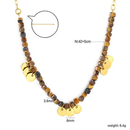 Natural Cube Tiger's Eye Beaded Necklace with Gold Disc Charms | 18K Gold Plated | Wholesale MOQ 12