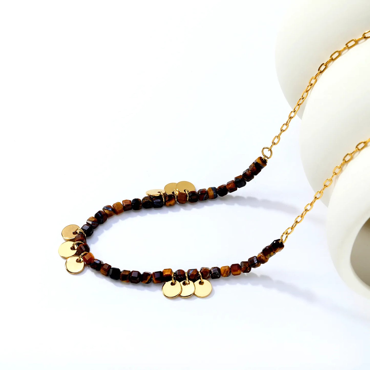 Natural Cube Tiger's Eye Beaded Necklace with Gold Disc Charms | 18K Gold Plated | Wholesale MOQ 12