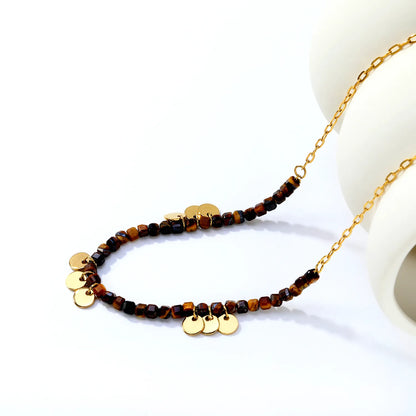 Natural Cube Tiger's Eye Beaded Necklace with Gold Disc Charms | 18K Gold Plated | Wholesale MOQ 12