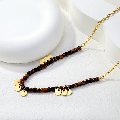 Natural Cube Tiger's Eye Beaded Necklace with Gold Disc Charms | 18K Gold Plated | Wholesale MOQ 12