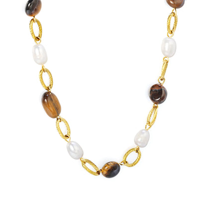 Tiger's Eye & Freshwater Pearl Beaded Necklace | Wholesale MOQ 12 | 18K Gold Plated