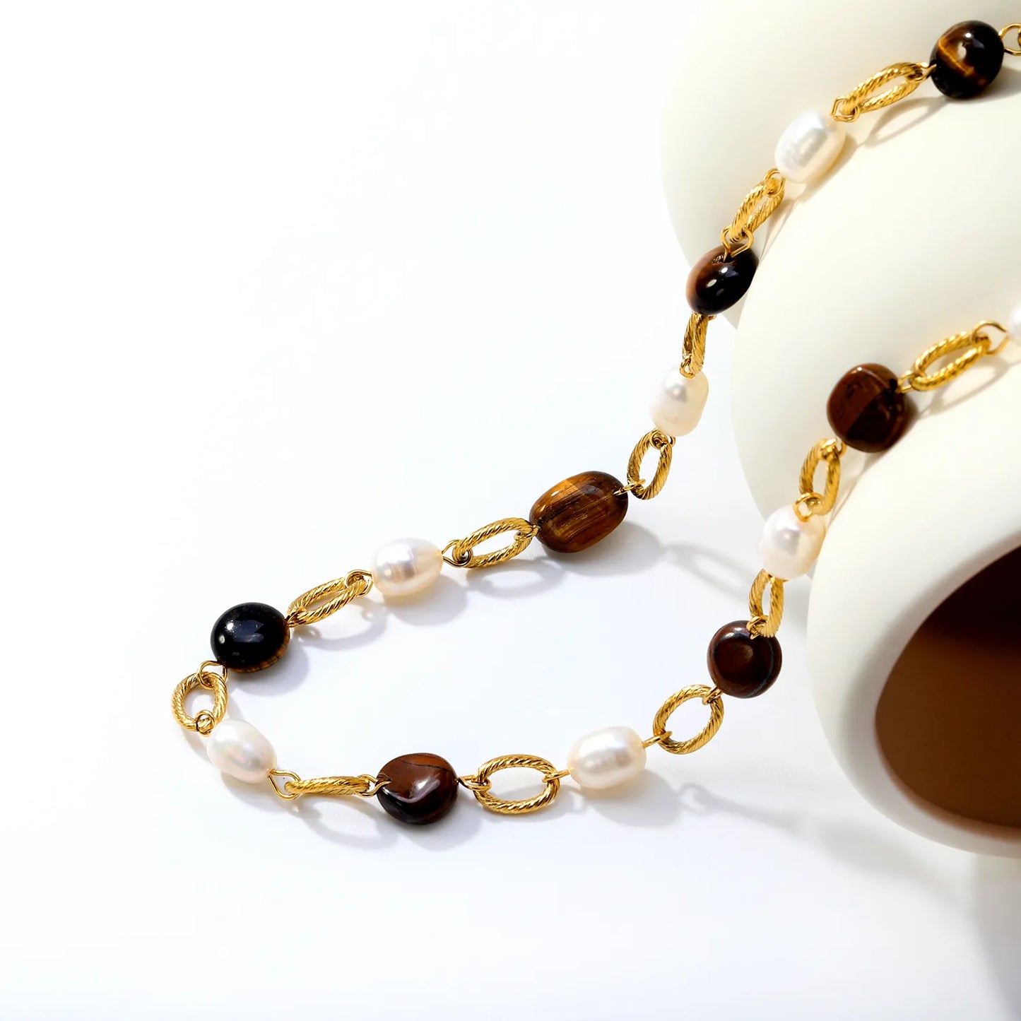 Tiger's Eye & Freshwater Pearl Beaded Necklace | Wholesale MOQ 12 | 18K Gold Plated
