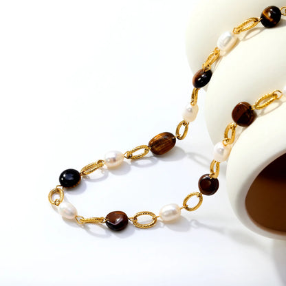 Tiger's Eye & Freshwater Pearl Beaded Necklace | Wholesale MOQ 12 | 18K Gold Plated