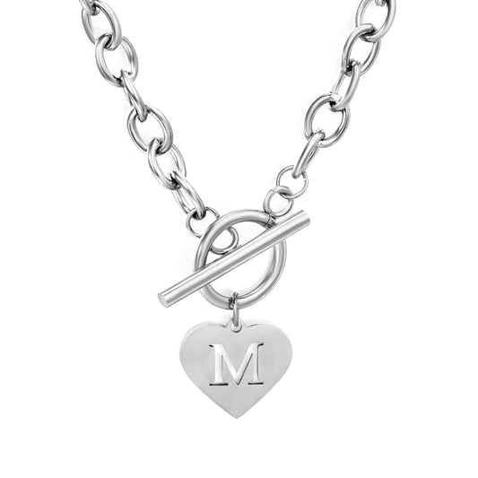 Chunky Toggle Clasp Choker with Heart Initial "M" Pendant | 18K Gold Plated | Wholesale Bulk Order MOQ 12