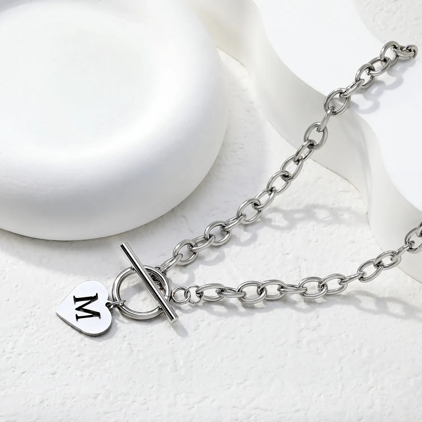 Chunky Toggle Clasp Choker with Heart Initial "M" Pendant | 18K Gold Plated | Wholesale Bulk Order MOQ 12