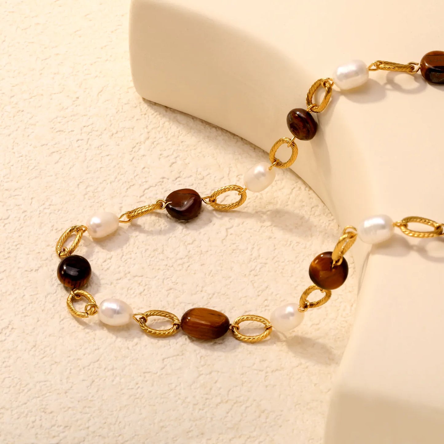 Tiger's Eye & Freshwater Pearl Beaded Necklace | Wholesale MOQ 12 | 18K Gold Plated