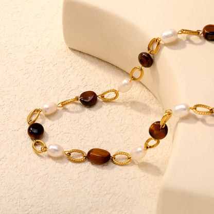 Tiger's Eye & Freshwater Pearl Beaded Necklace | Wholesale MOQ 12 | 18K Gold Plated