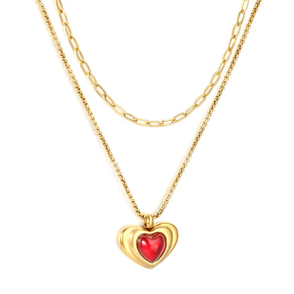 18K Gold Plated Double Layer Heart Pendant Necklace (Black/Red Heart) | Wholesale MOQ 12