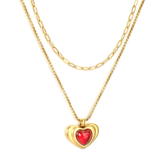 18K Gold Plated Double Layer Heart Pendant Necklace (Black/Red Heart) | Wholesale MOQ 12