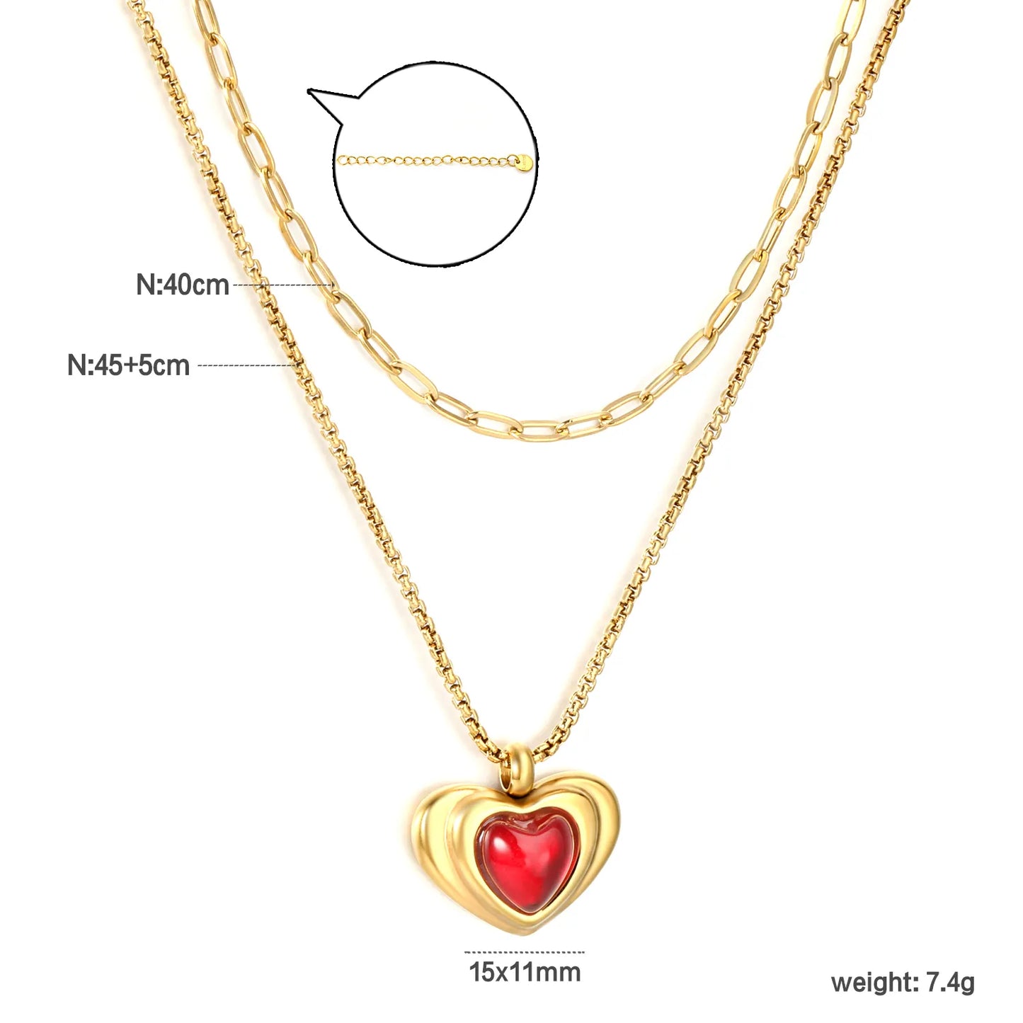 18K Gold Plated Double Layer Heart Pendant Necklace (Black/Red Heart) | Wholesale MOQ 12