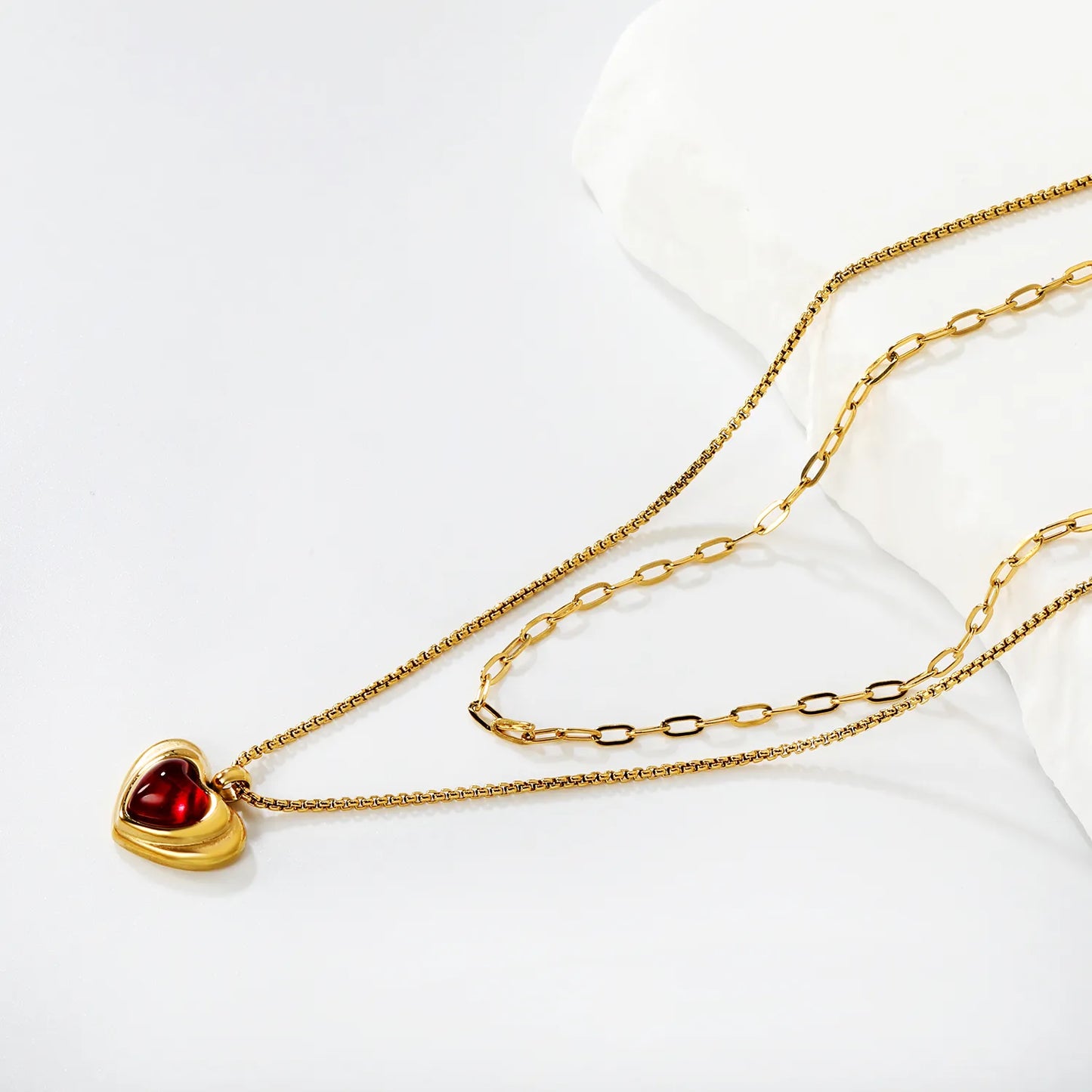 18K Gold Plated Double Layer Heart Pendant Necklace (Black/Red Heart) | Wholesale MOQ 12