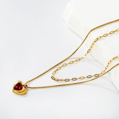18K Gold Plated Double Layer Heart Pendant Necklace (Black/Red Heart) | Wholesale MOQ 12
