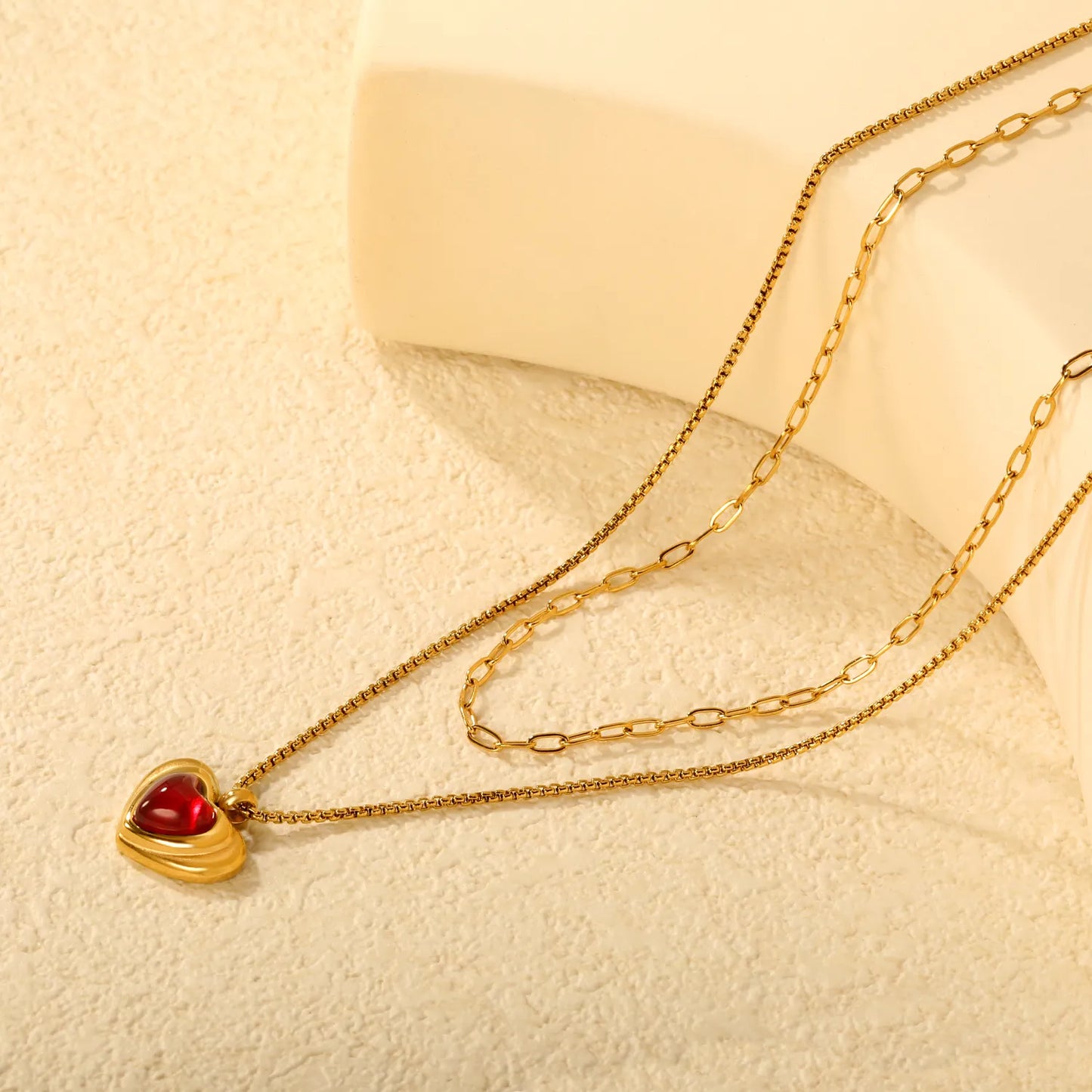 18K Gold Plated Double Layer Heart Pendant Necklace (Black/Red Heart) | Wholesale MOQ 12