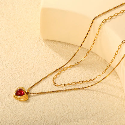 18K Gold Plated Double Layer Heart Pendant Necklace (Black/Red Heart) | Wholesale MOQ 12