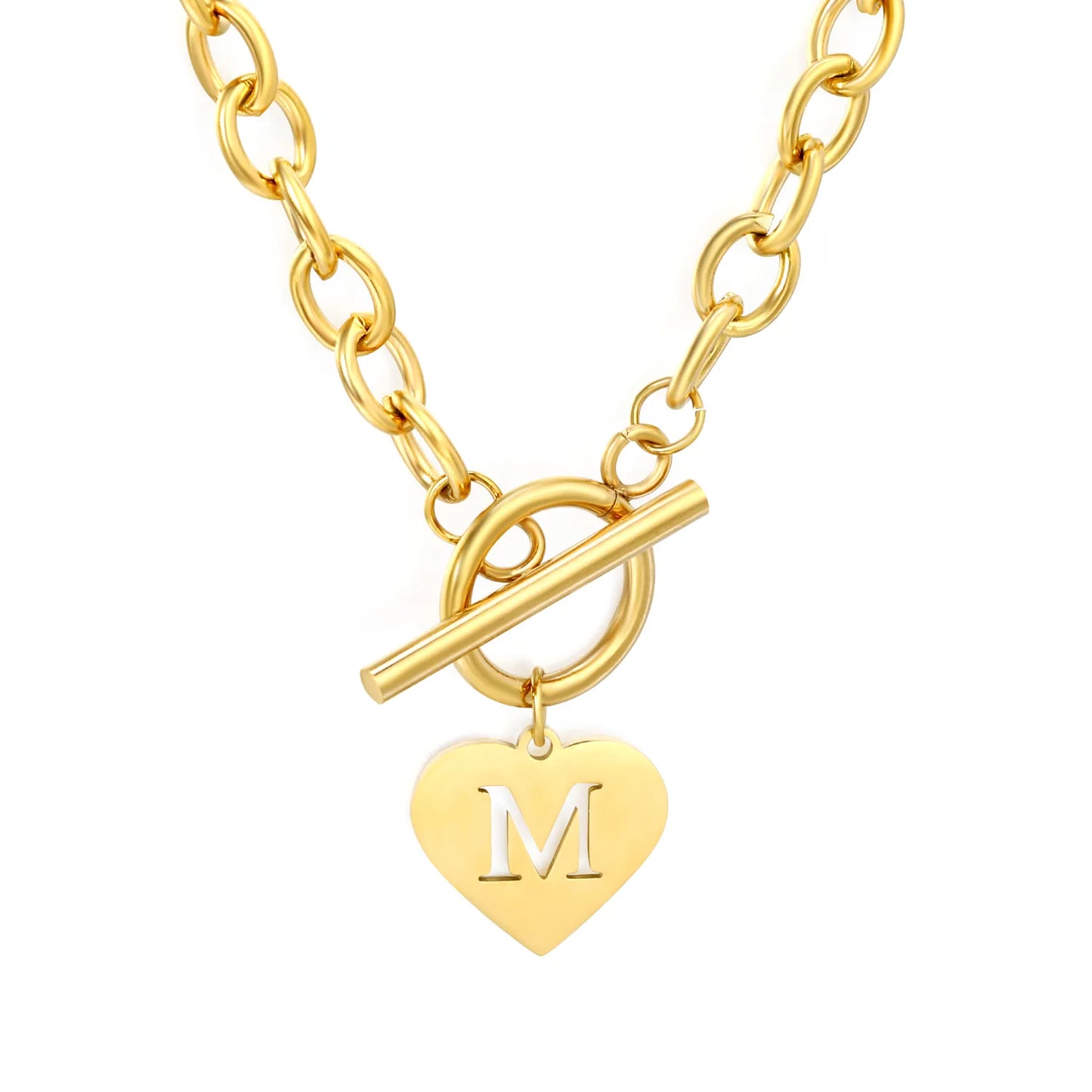 Chunky Toggle Clasp Choker with Heart Initial "M" Pendant | 18K Gold Plated | Wholesale Bulk Order MOQ 12