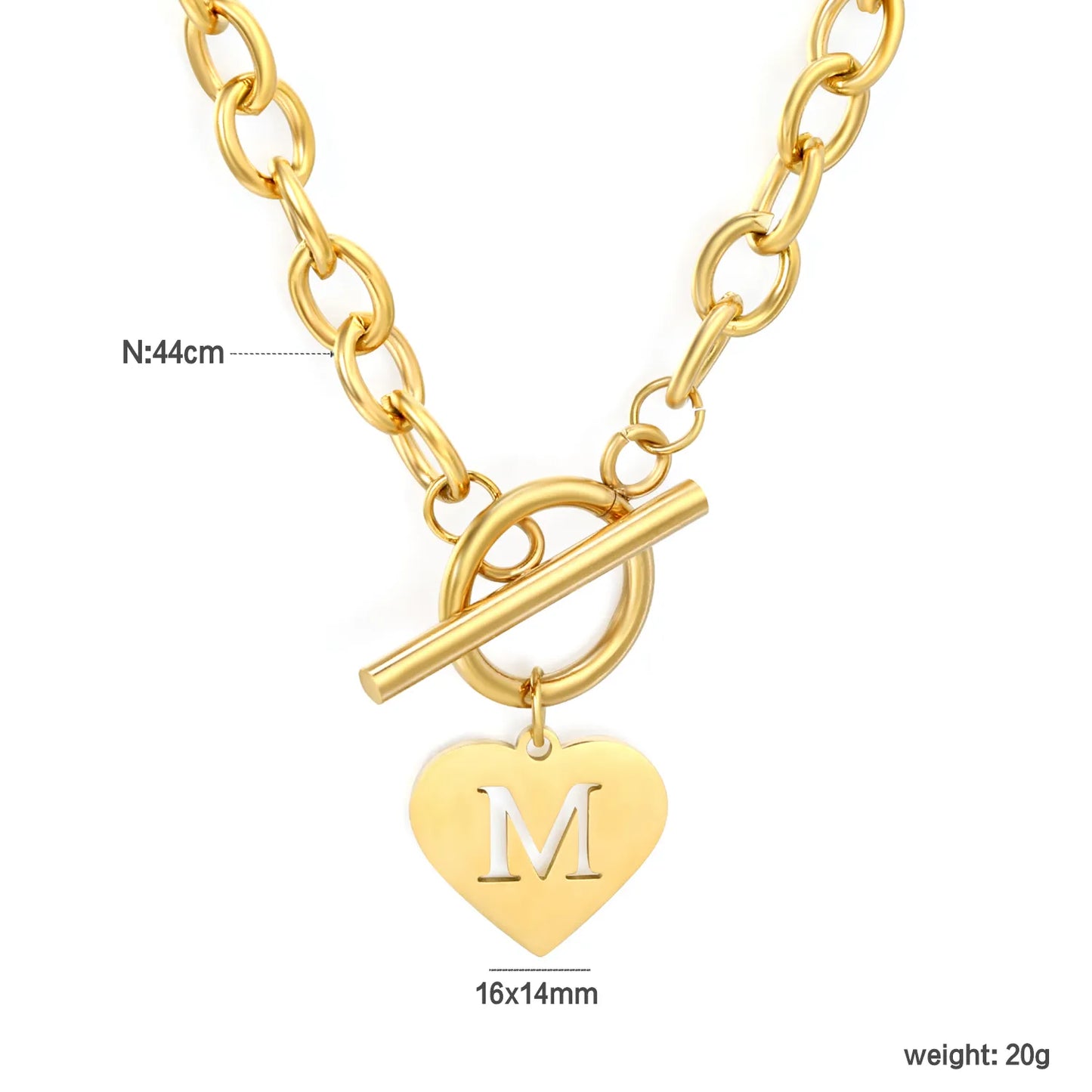 Chunky Toggle Clasp Choker with Heart Initial "M" Pendant | 18K Gold Plated | Wholesale Bulk Order MOQ 12