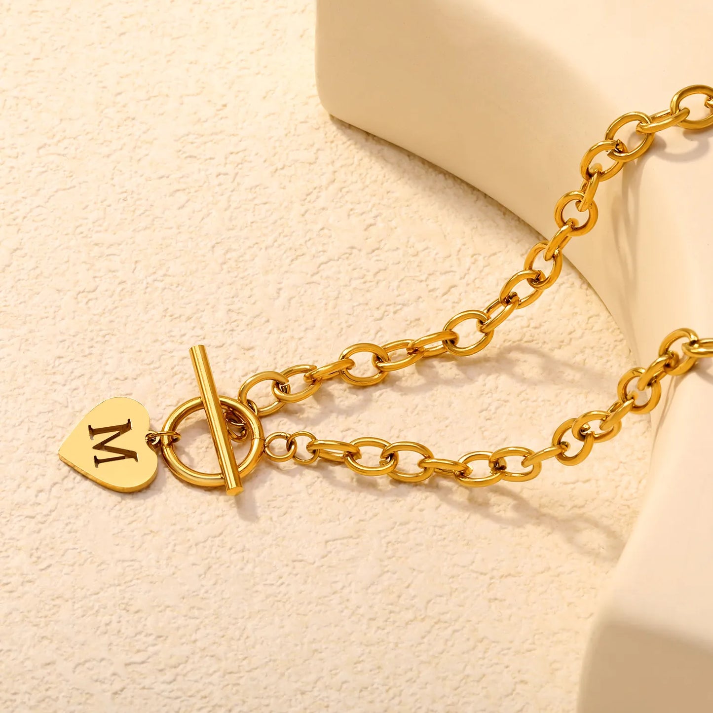 Chunky Toggle Clasp Choker with Heart Initial "M" Pendant | 18K Gold Plated | Wholesale Bulk Order MOQ 12