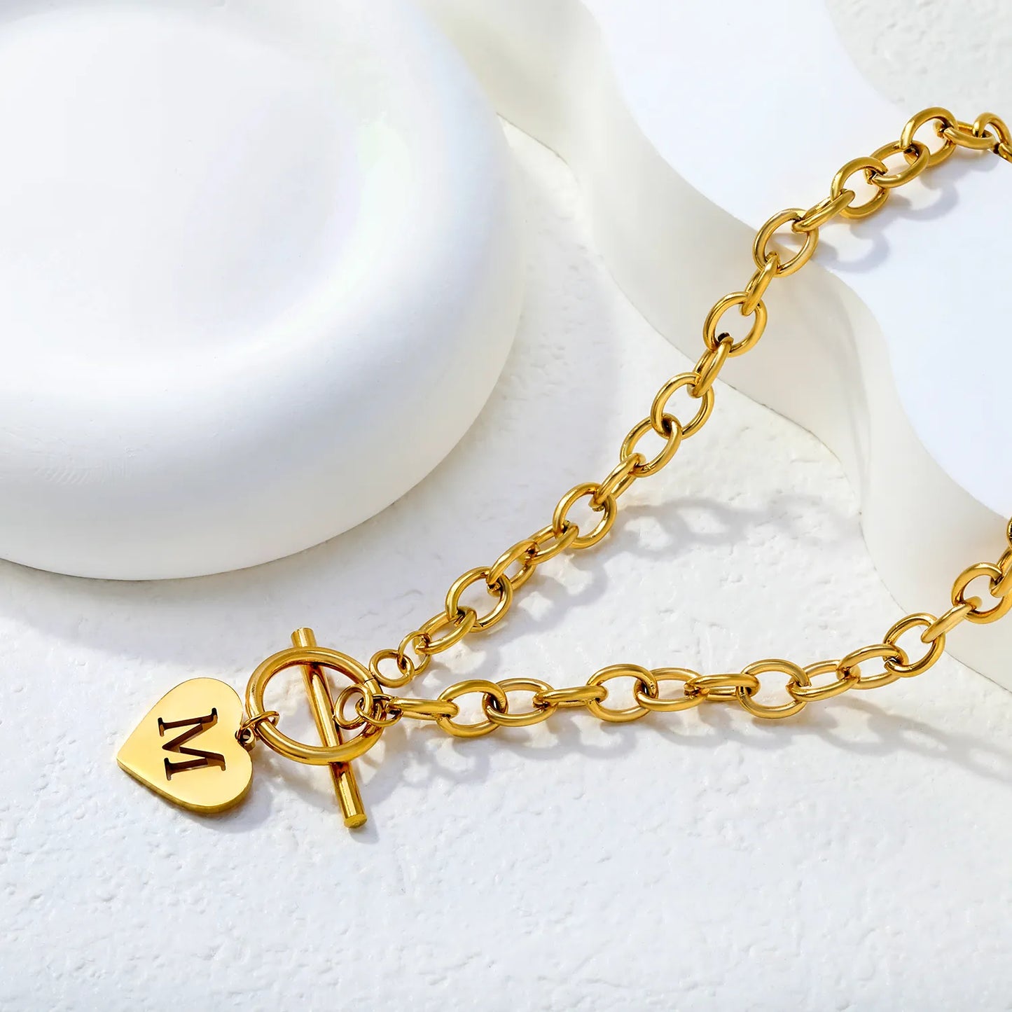 Chunky Toggle Clasp Choker with Heart Initial "M" Pendant | 18K Gold Plated | Wholesale Bulk Order MOQ 12