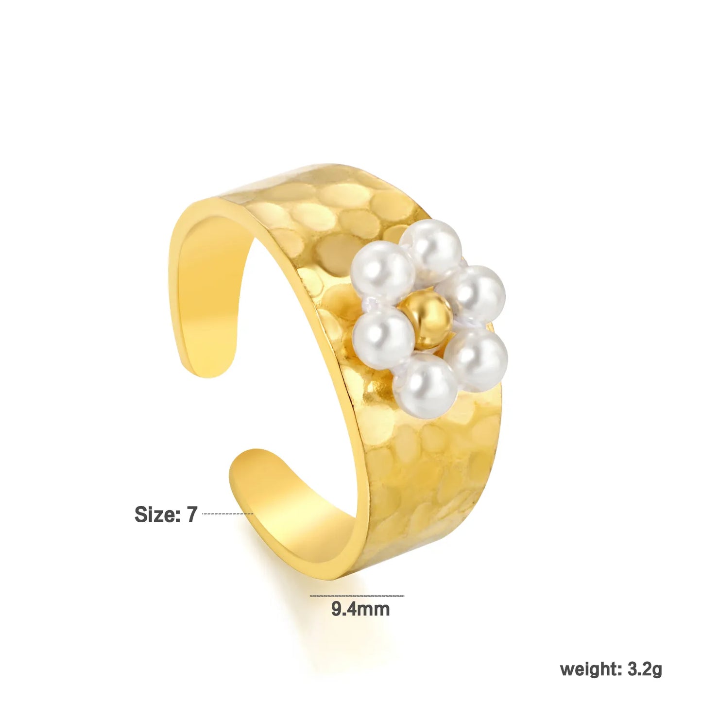 Wholesale Hammered Band Beaded Flower Open Ring | 18K Gold Plated | 3 Color Options | Size 7 | MOQ 12