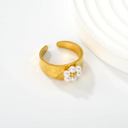 Wholesale Hammered Band Beaded Flower Open Ring | 18K Gold Plated | 3 Color Options | Size 7 | MOQ 12