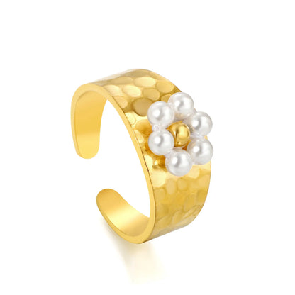 Wholesale Hammered Band Beaded Flower Open Ring | 18K Gold Plated | 3 Color Options | Size 7 | MOQ 12