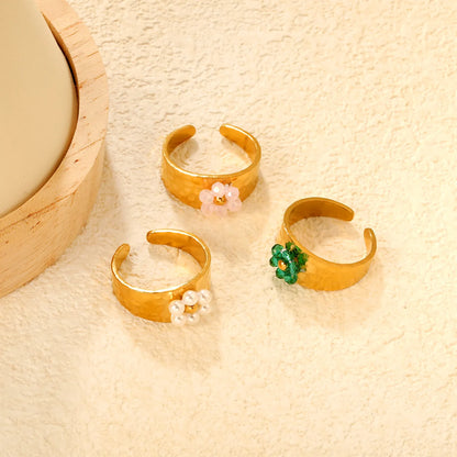 Wholesale Hammered Band Beaded Flower Open Ring | 18K Gold Plated | 3 Color Options | Size 7 | MOQ 12