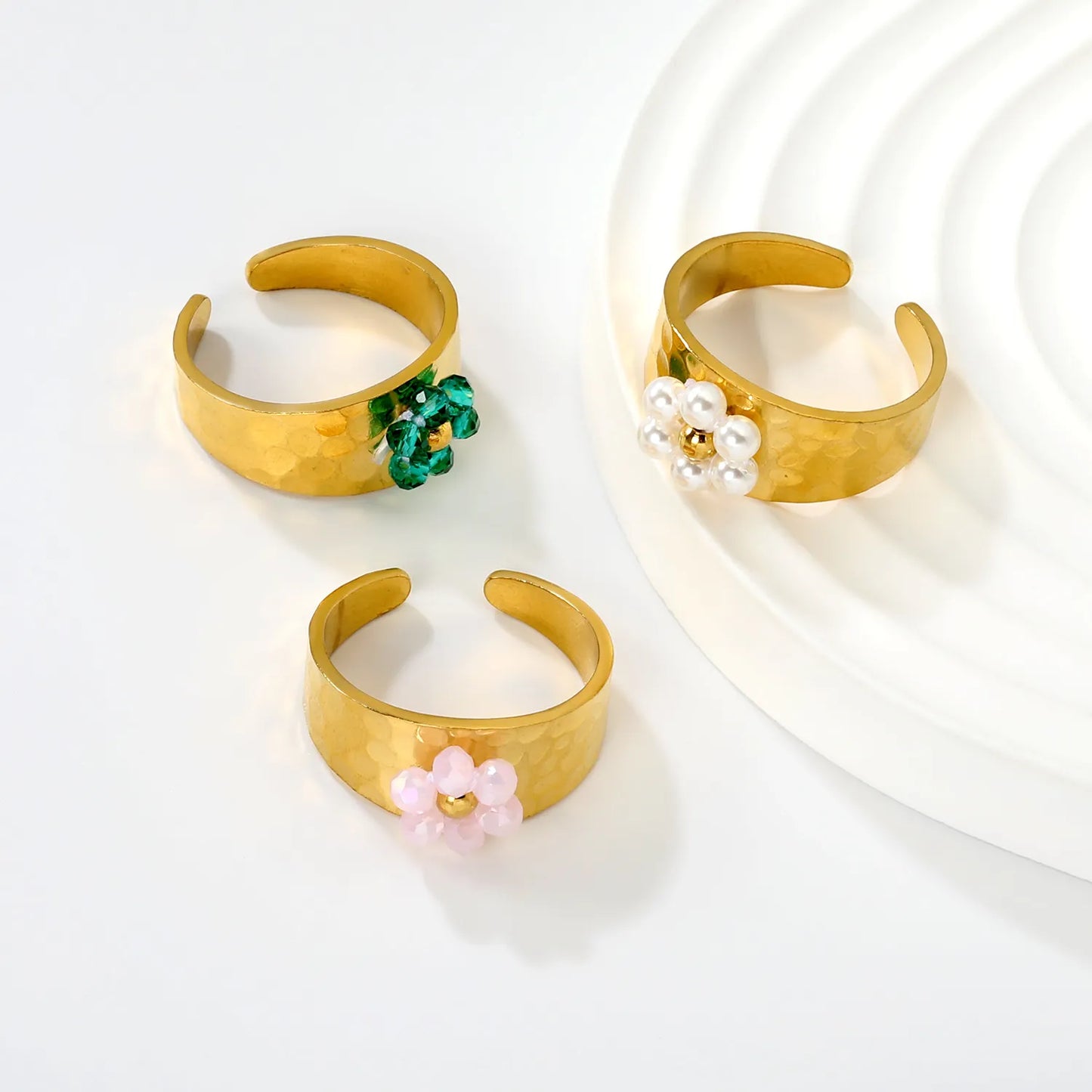 Wholesale Hammered Band Beaded Flower Open Ring | 18K Gold Plated | 3 Color Options | Size 7 | MOQ 12