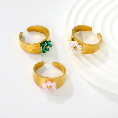 Wholesale Hammered Band Beaded Flower Open Ring | 18K Gold Plated | 3 Color Options | Size 7 | MOQ 12