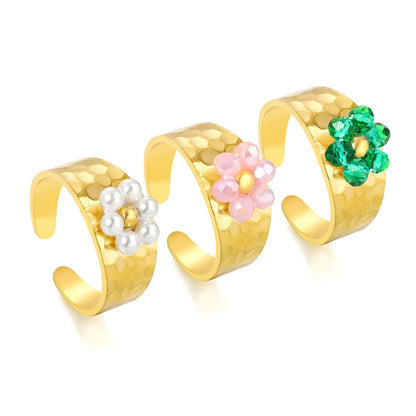 Wholesale Hammered Band Beaded Flower Open Ring | 18K Gold Plated | 3 Color Options | Size 7 | MOQ 12