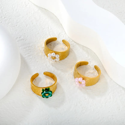 Wholesale Hammered Band Beaded Flower Open Ring | 18K Gold Plated | 3 Color Options | Size 7 | MOQ 12