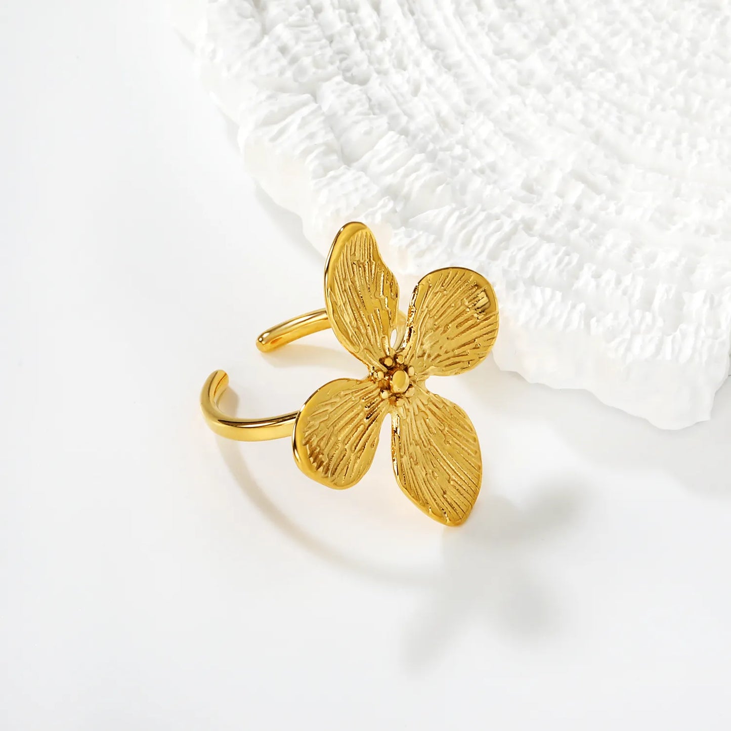 Textured Four-Petal Flower Open Ring | Wholesale Bulk Order | 18K Gold Plated | Size 7 | MOQ 12