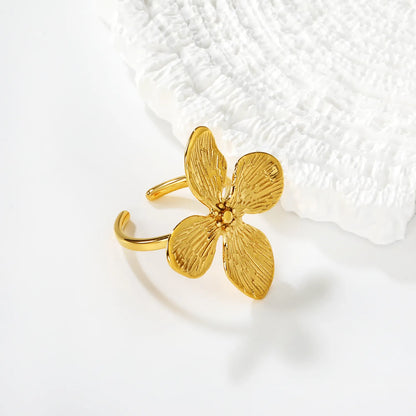 Textured Four-Petal Flower Open Ring | Wholesale Bulk Order | 18K Gold Plated | Size 7 | MOQ 12