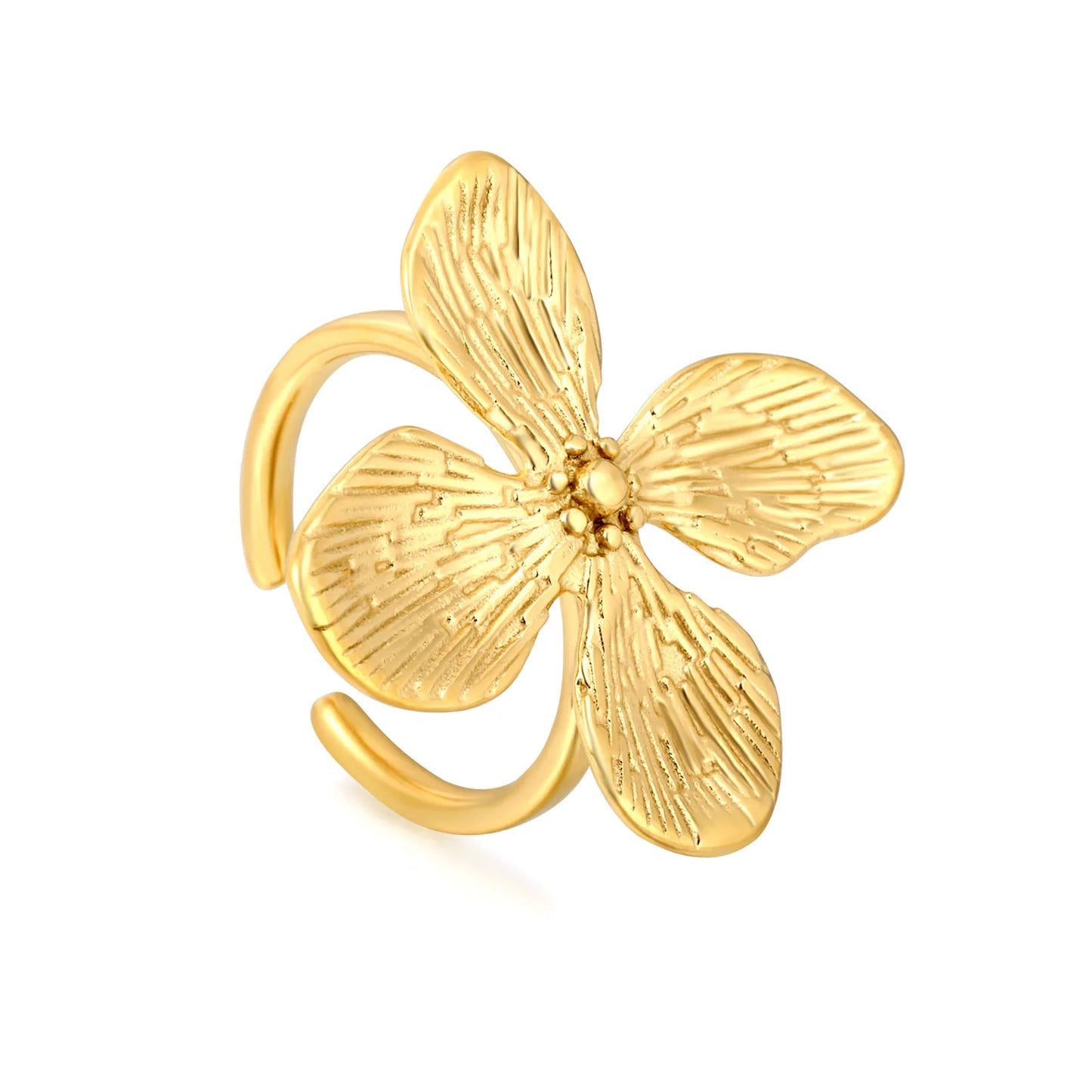 Textured Four-Petal Flower Open Ring | Wholesale Bulk Order | 18K Gold Plated | Size 7 | MOQ 12