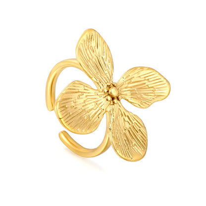 Textured Four-Petal Flower Open Ring | Wholesale Bulk Order | 18K Gold Plated | Size 7 | MOQ 12