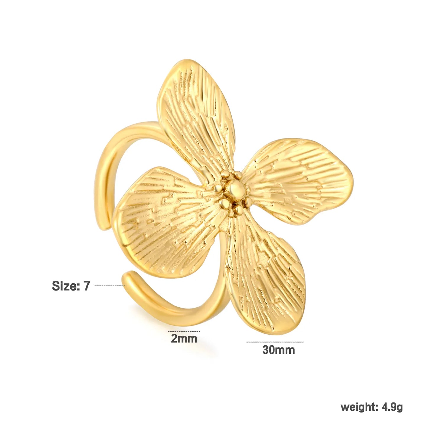 Textured Four-Petal Flower Open Ring | Wholesale Bulk Order | 18K Gold Plated | Size 7 | MOQ 12