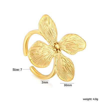 Textured Four-Petal Flower Open Ring | Wholesale Bulk Order | 18K Gold Plated | Size 7 | MOQ 12