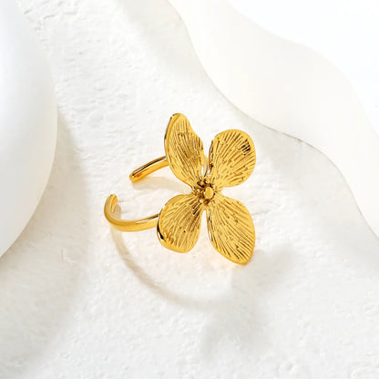Textured Four-Petal Flower Open Ring | Wholesale Bulk Order | 18K Gold Plated | Size 7 | MOQ 12