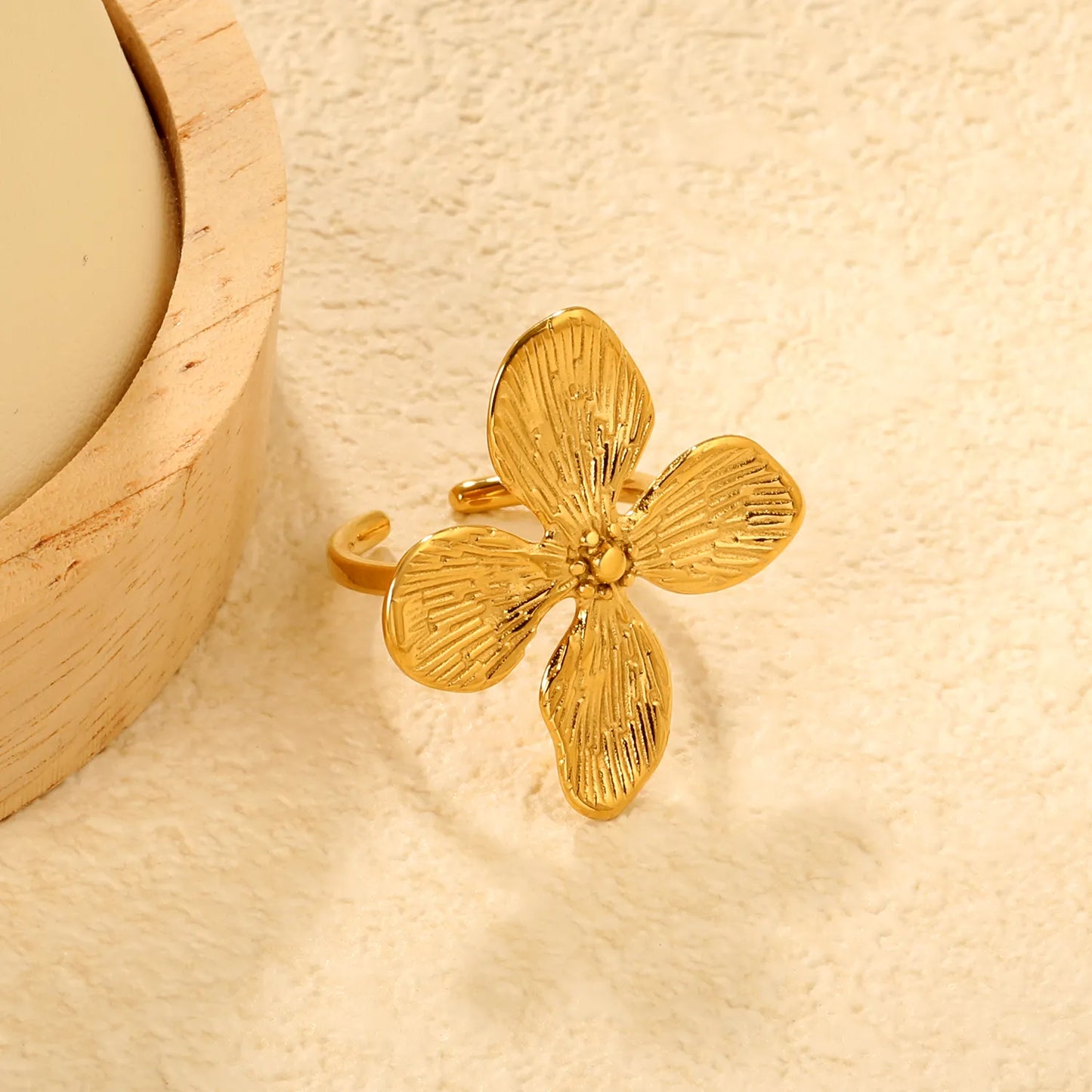 Textured Four-Petal Flower Open Ring | Wholesale Bulk Order | 18K Gold Plated | Size 7 | MOQ 12